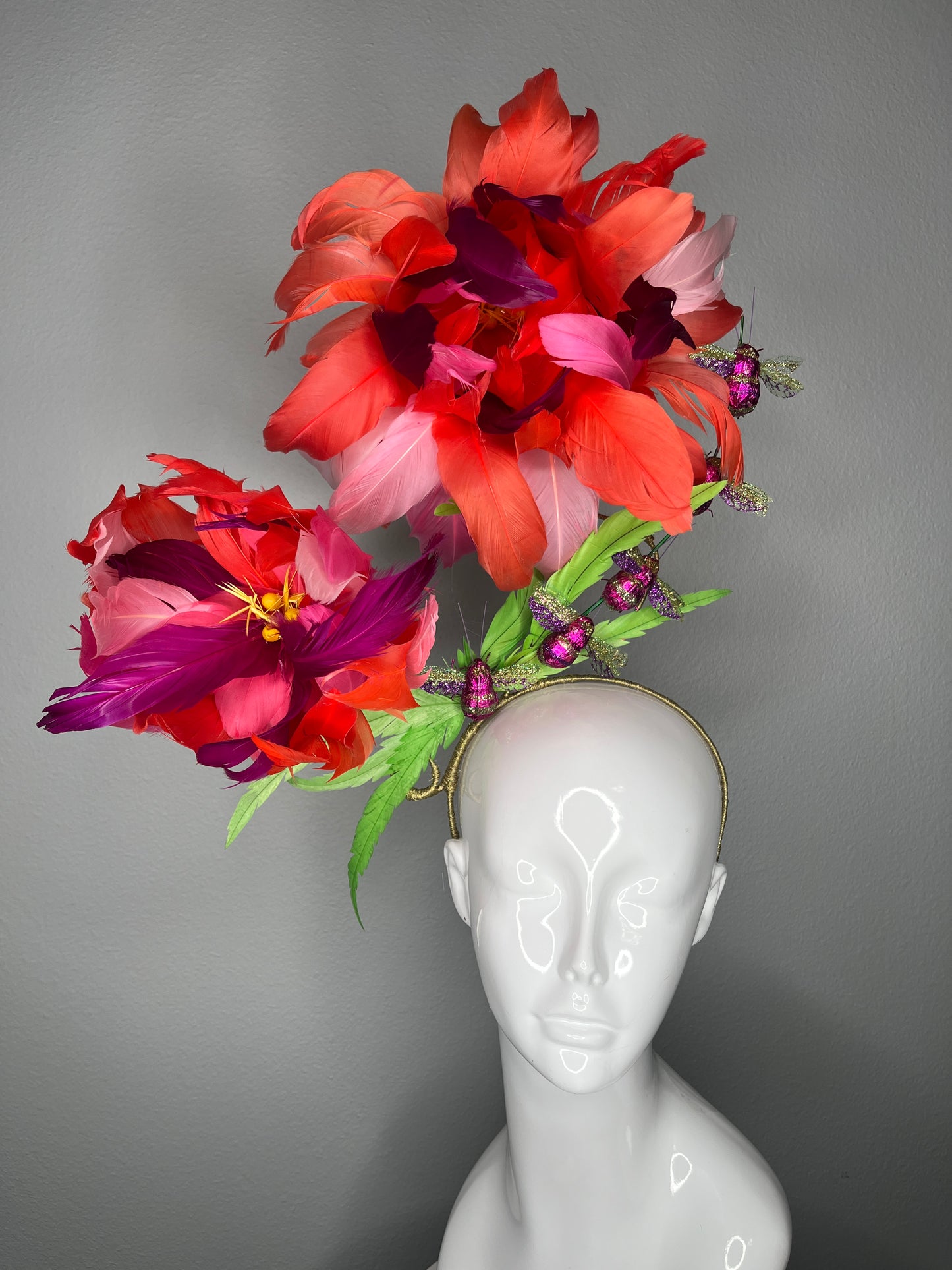 Coral & Fuchsia Oversized Feather Flower Fascinator with Sparkling Bees Derby Statement Headpiece  Couture Floral Millinery