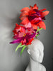Coral & Fuchsia Oversized Feather Flower Fascinator with Sparkling Bees Derby Statement Headpiece  Couture Floral Millinery