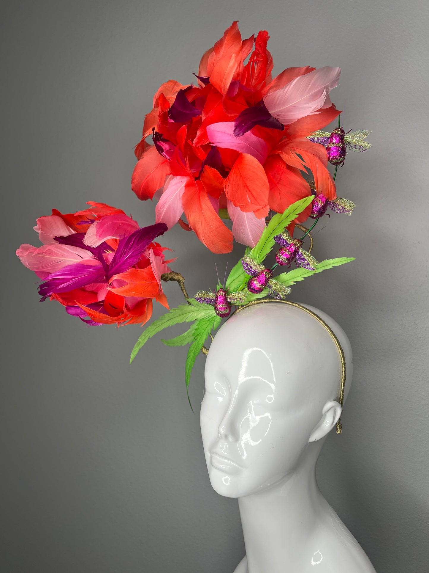 Coral & Fuchsia Oversized Feather Flower Fascinator with Sparkling Bees Derby Statement Headpiece  Couture Floral Millinery