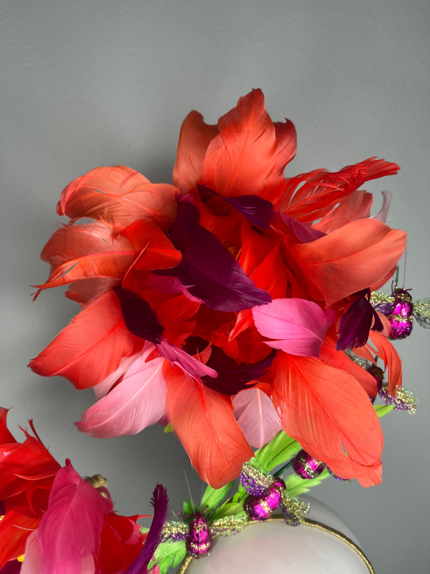Coral & Fuchsia Oversized Feather Flower Fascinator with Sparkling Bees Derby Statement Headpiece  Couture Floral Millinery