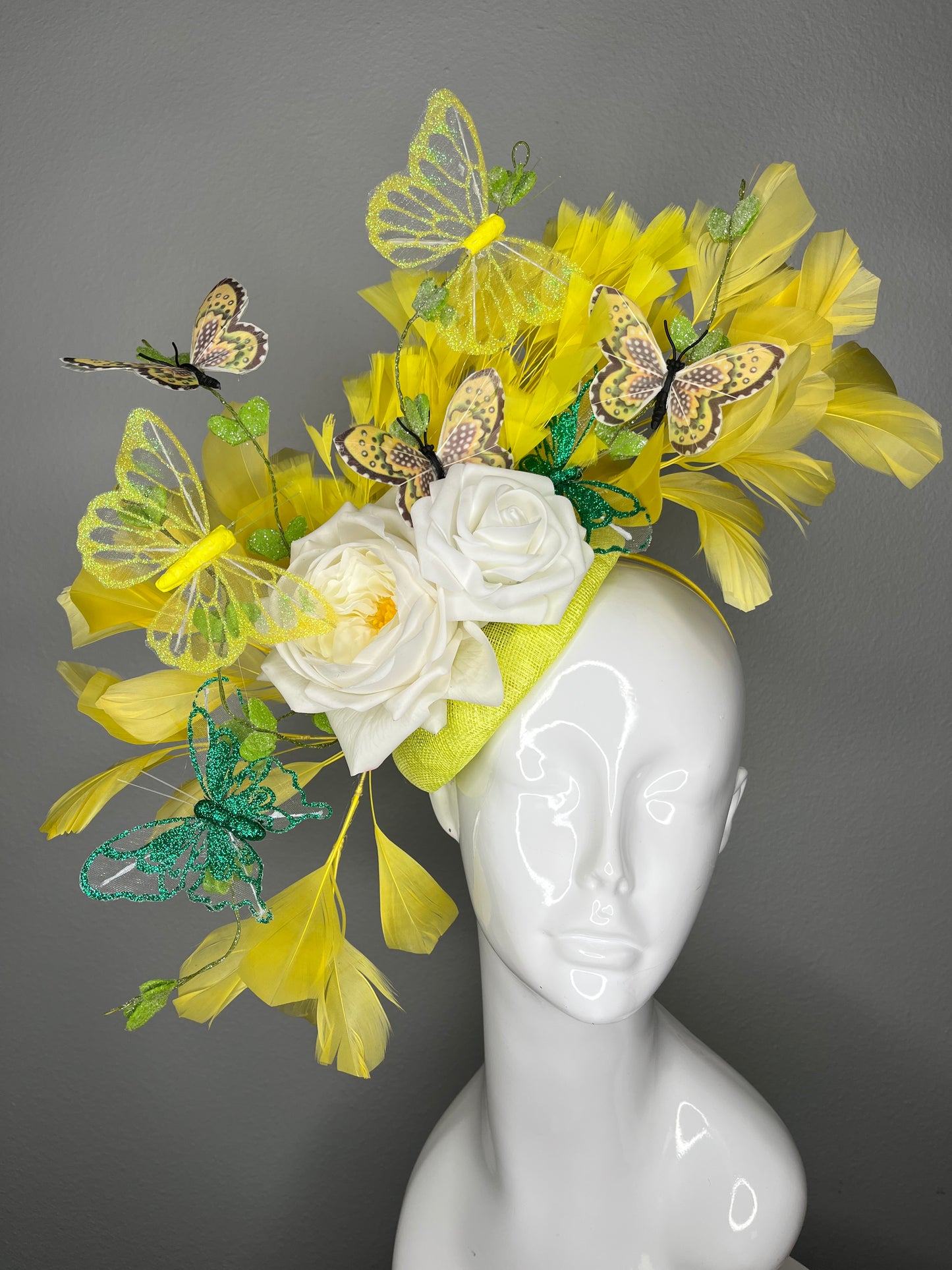 Yellow Butterfly Fascinator • Spring Garden Derby Hat • White Rose Headpiece with Feathers • Kentucky Derby & Oaks Statement Fascinator