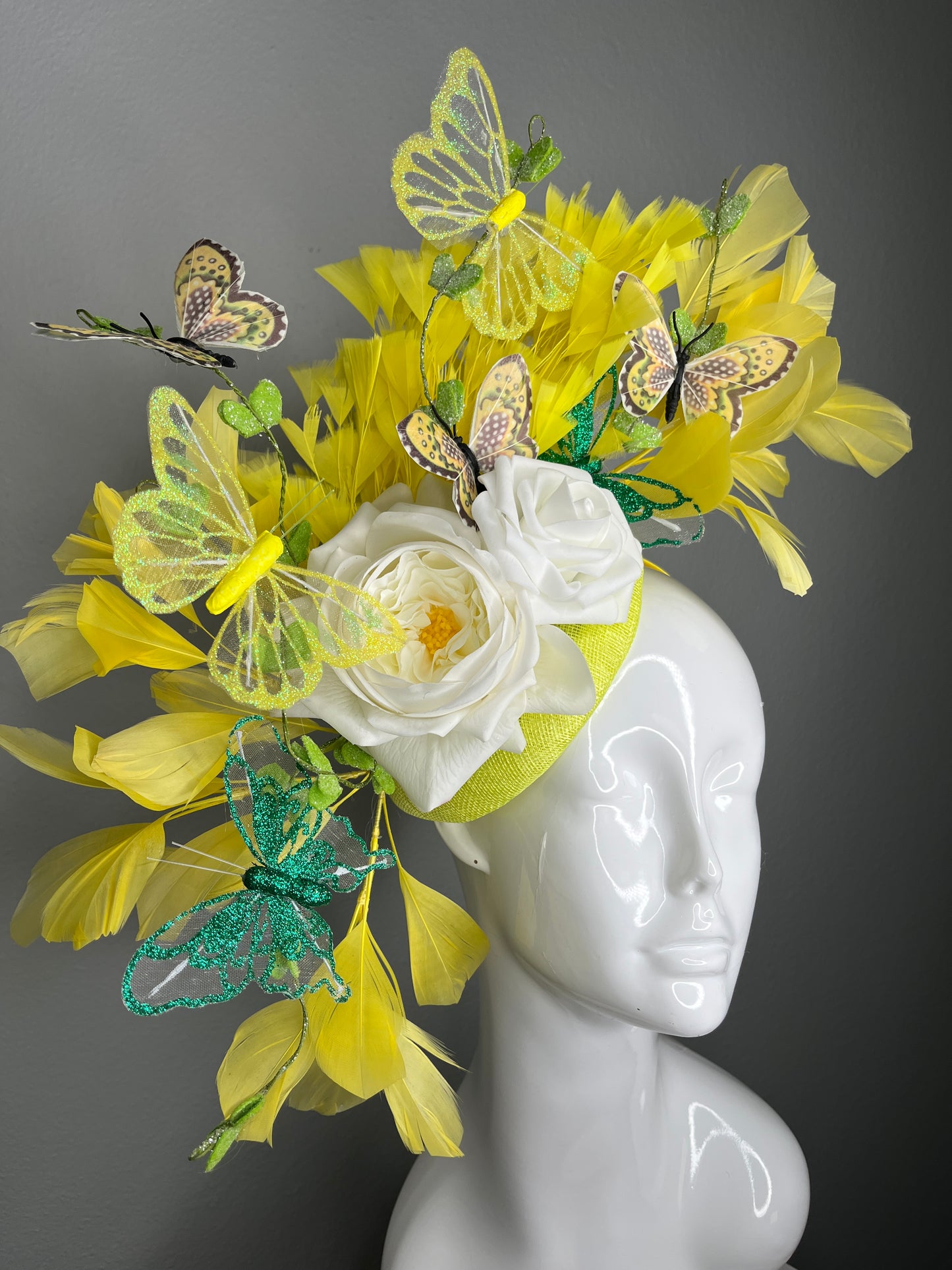 Yellow Butterfly Fascinator • Spring Garden Derby Hat • White Rose Headpiece with Feathers • Kentucky Derby & Oaks Statement Fascinator