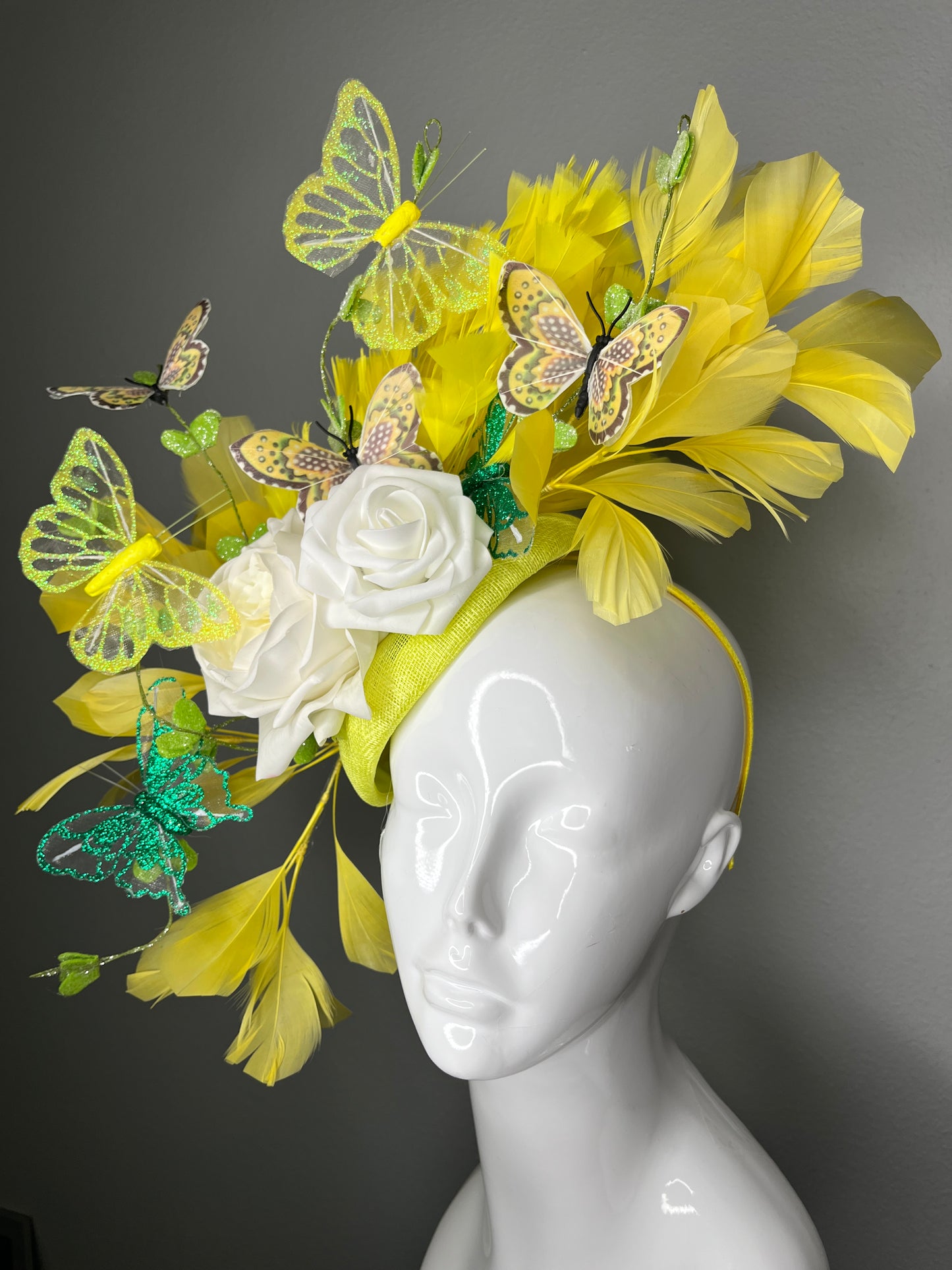 Yellow Butterfly Fascinator • Spring Garden Derby Hat • White Rose Headpiece with Feathers • Kentucky Derby & Oaks Statement Fascinator