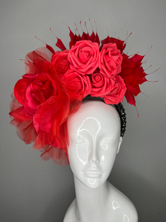 Red Rose Fascinator • Dramatic Derby Headpiece with Layered Organza & Feathers • Kentucky Derby Hat • Statement Floral Headband
