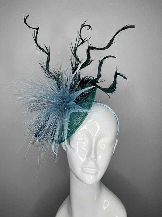 Green, Light Blue and Dark Green Feathers Fascinator Hat