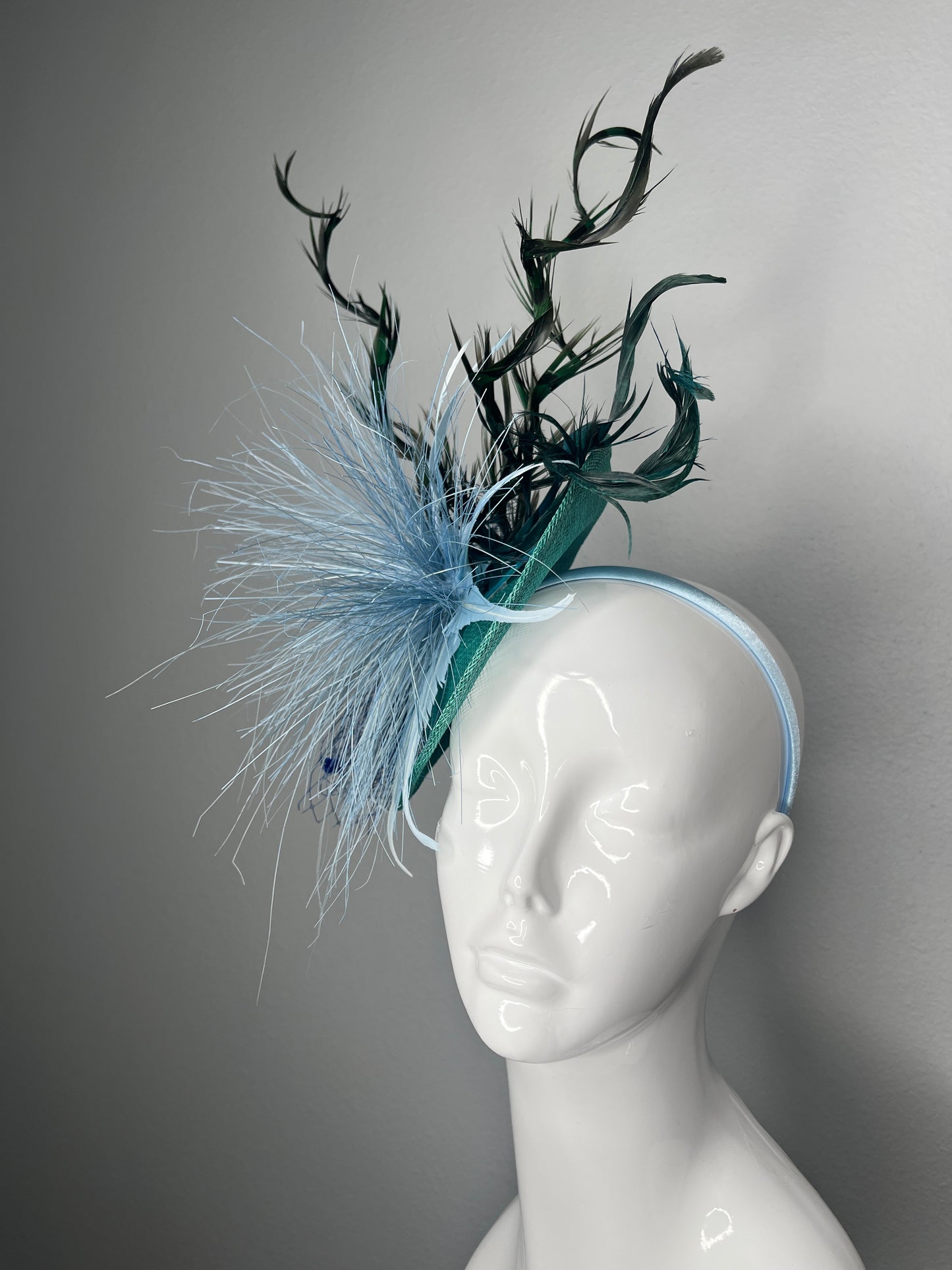 Green, Light Blue and Dark Green Feathers Fascinator Hat