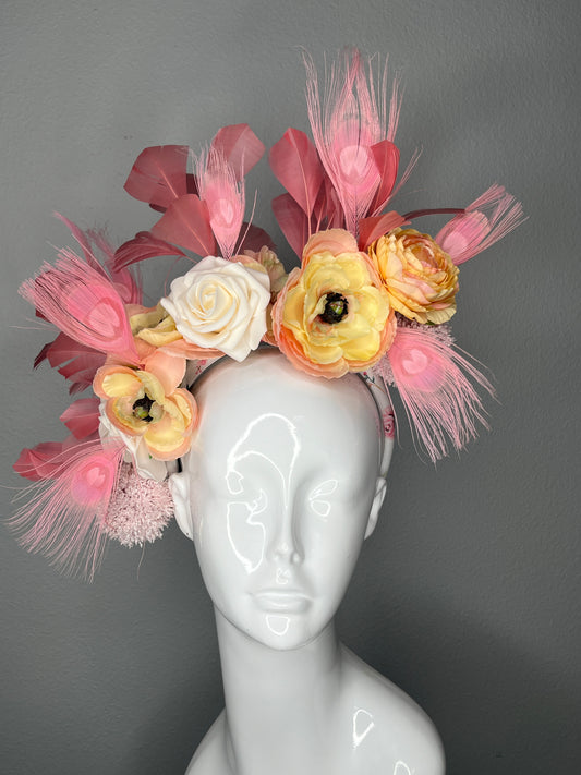 Blush Pink Feather and Peach Floral Fascinator with Ivory Rose Accents |Pink Peacock feathers Elegant Derby & Wedding Headpiece