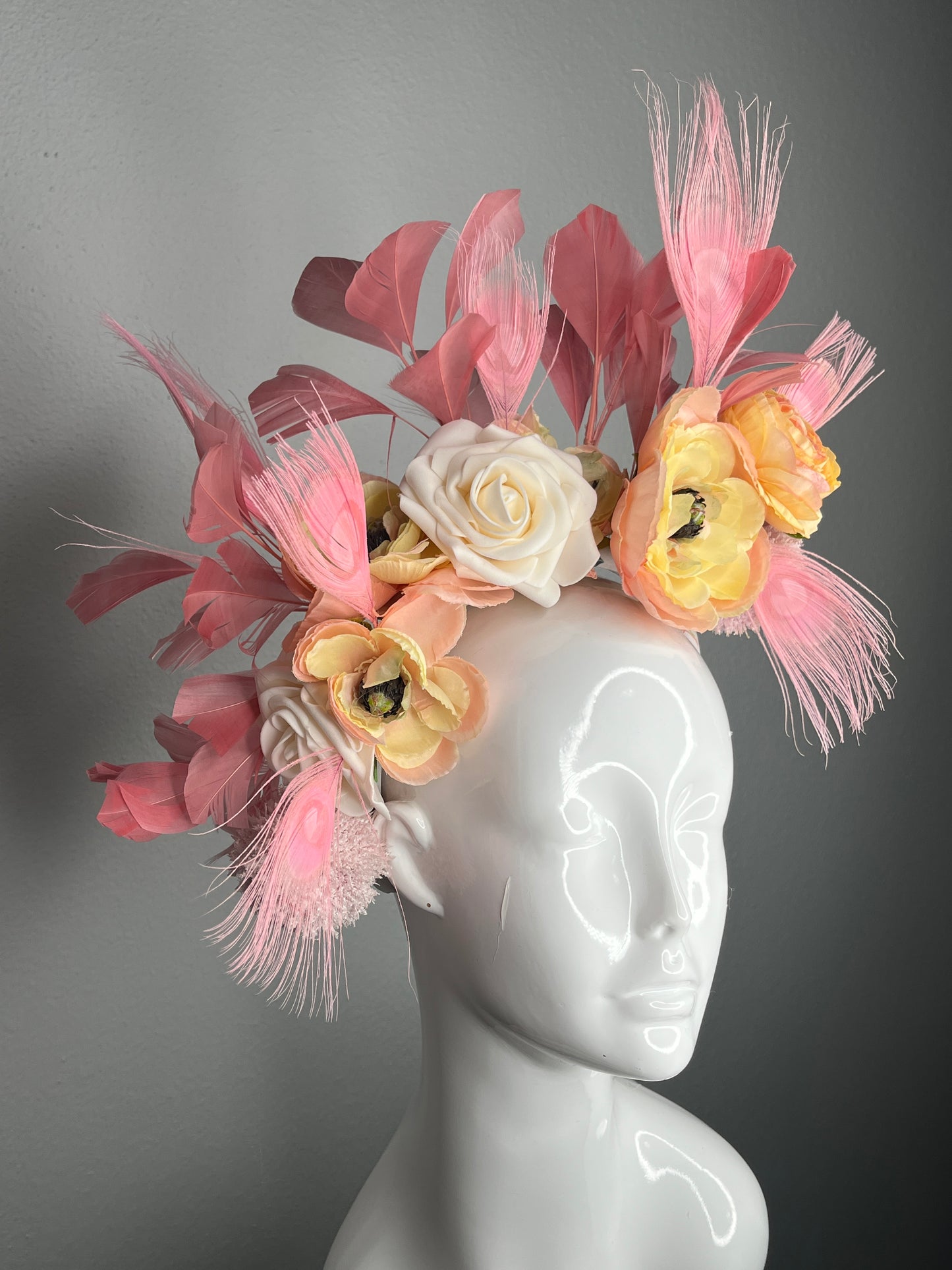 Blush Pink Feather and Peach Floral Fascinator with Ivory Rose Accents |Pink Peacock feathers Elegant Derby & Wedding Headpiece