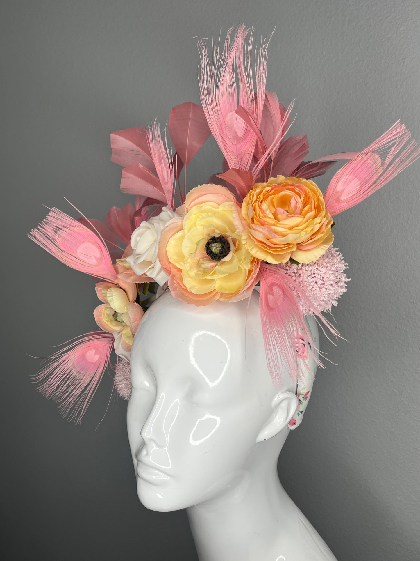 Blush Pink Feather and Peach Floral Fascinator with Ivory Rose Accents |Pink Peacock feathers Elegant Derby & Wedding Headpiece
