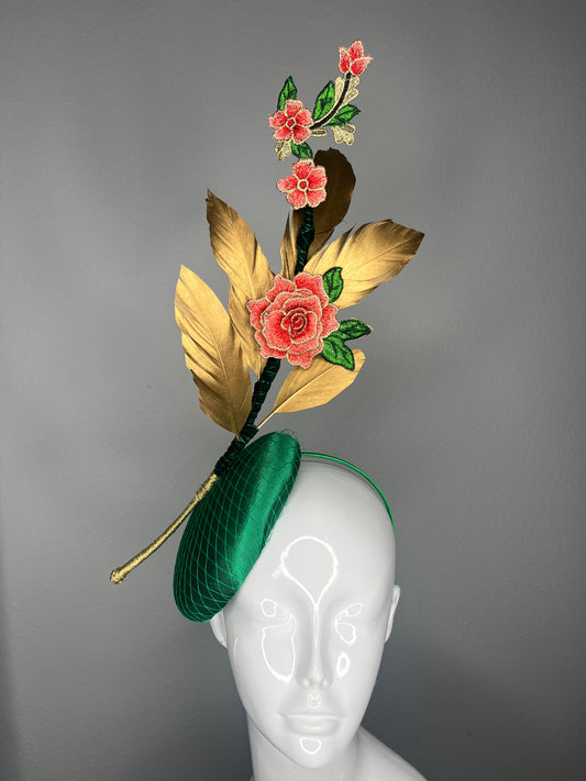 Emerald Green Fascinator with Gold Feathers and Embroidered Floral Accents | Couture Kentucky Derby Headpiece