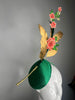 Emerald Green Fascinator with Gold Feathers and Embroidered Floral Accents | Couture Kentucky Derby Headpiece