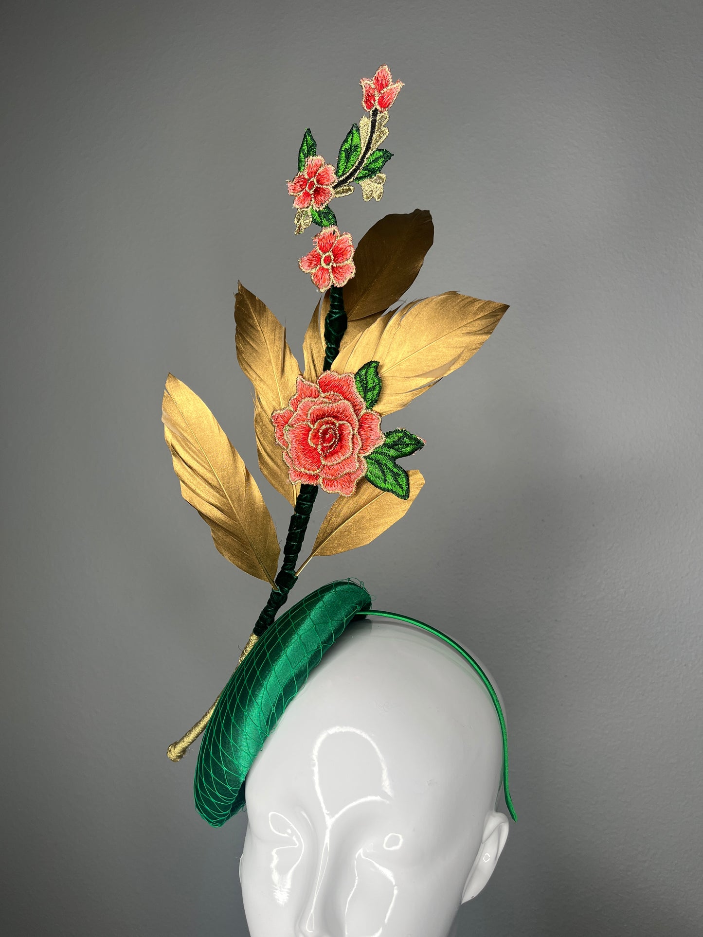 Emerald Green Fascinator with Gold Feathers and Embroidered Floral Accents | Couture Kentucky Derby Headpiece