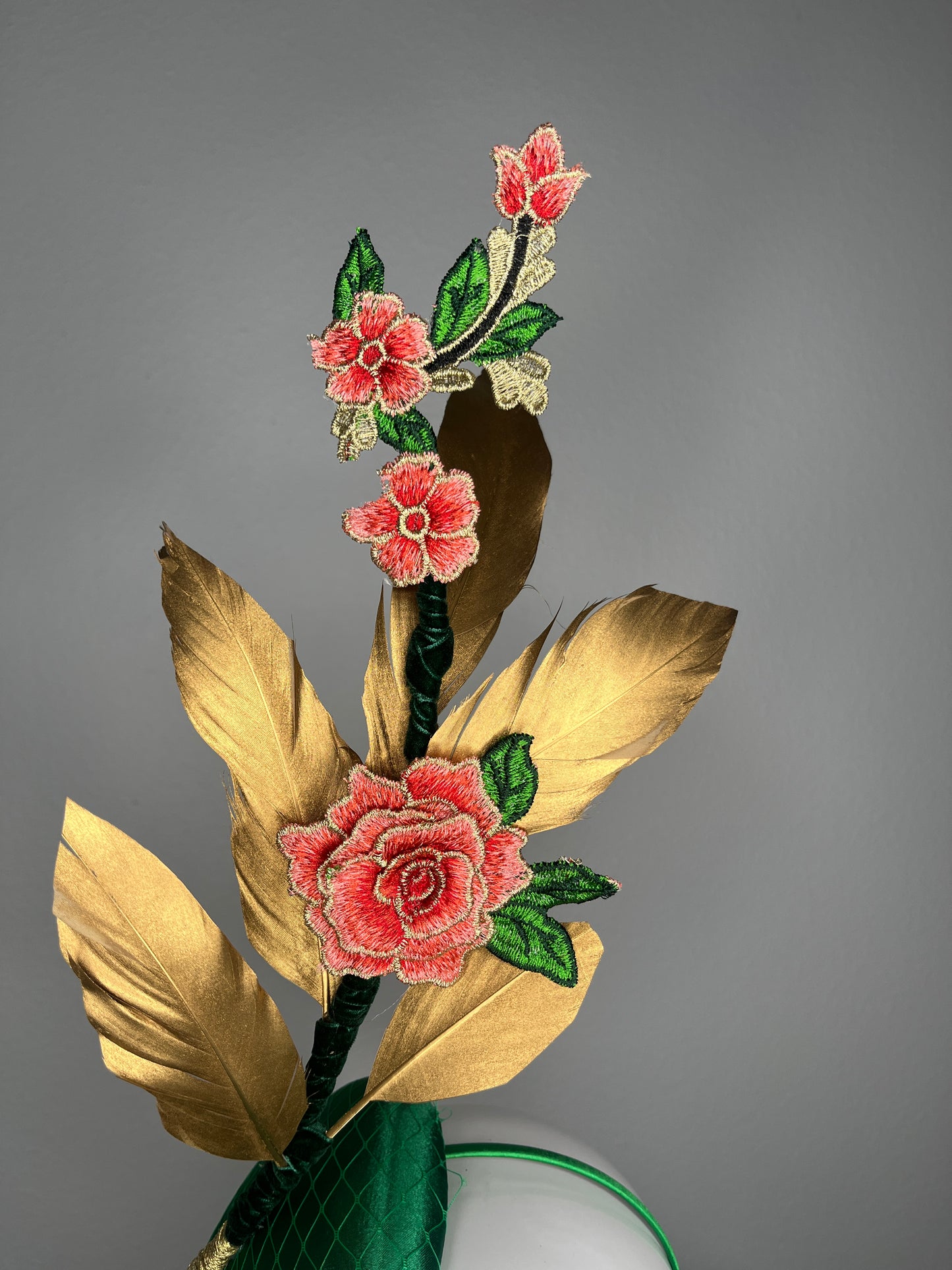 Emerald Green Fascinator with Gold Feathers and Embroidered Floral Accents | Couture Kentucky Derby Headpiece