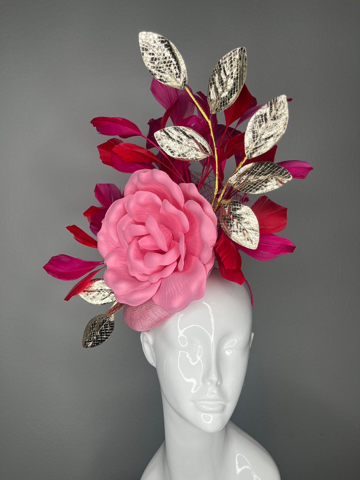 Pink Rose Fascinator with Gold Leaves & Fuchsia Feathers | Couture Kentucky Derby Headpiece