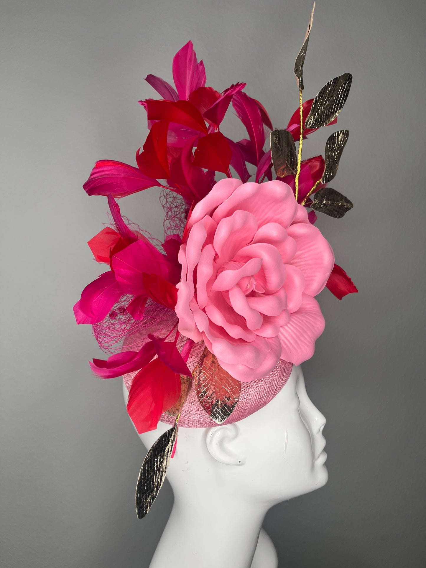 Pink Rose Fascinator with Gold Leaves & Fuchsia Feathers | Couture Kentucky Derby Headpiece