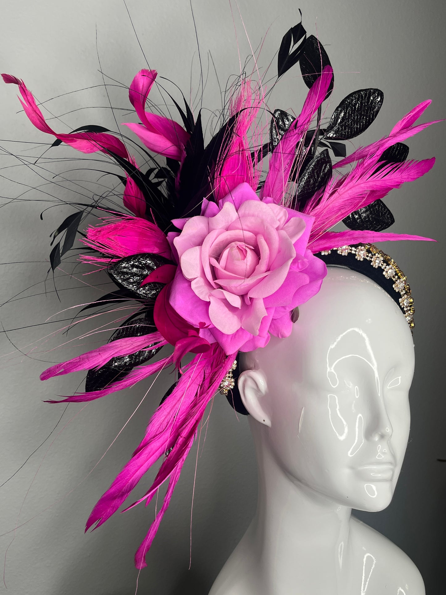 Hot Pink & Black Feather Fascinator with Rose Detail | Couture Kentucky Derby Headpiece | Statement Race Day Headband