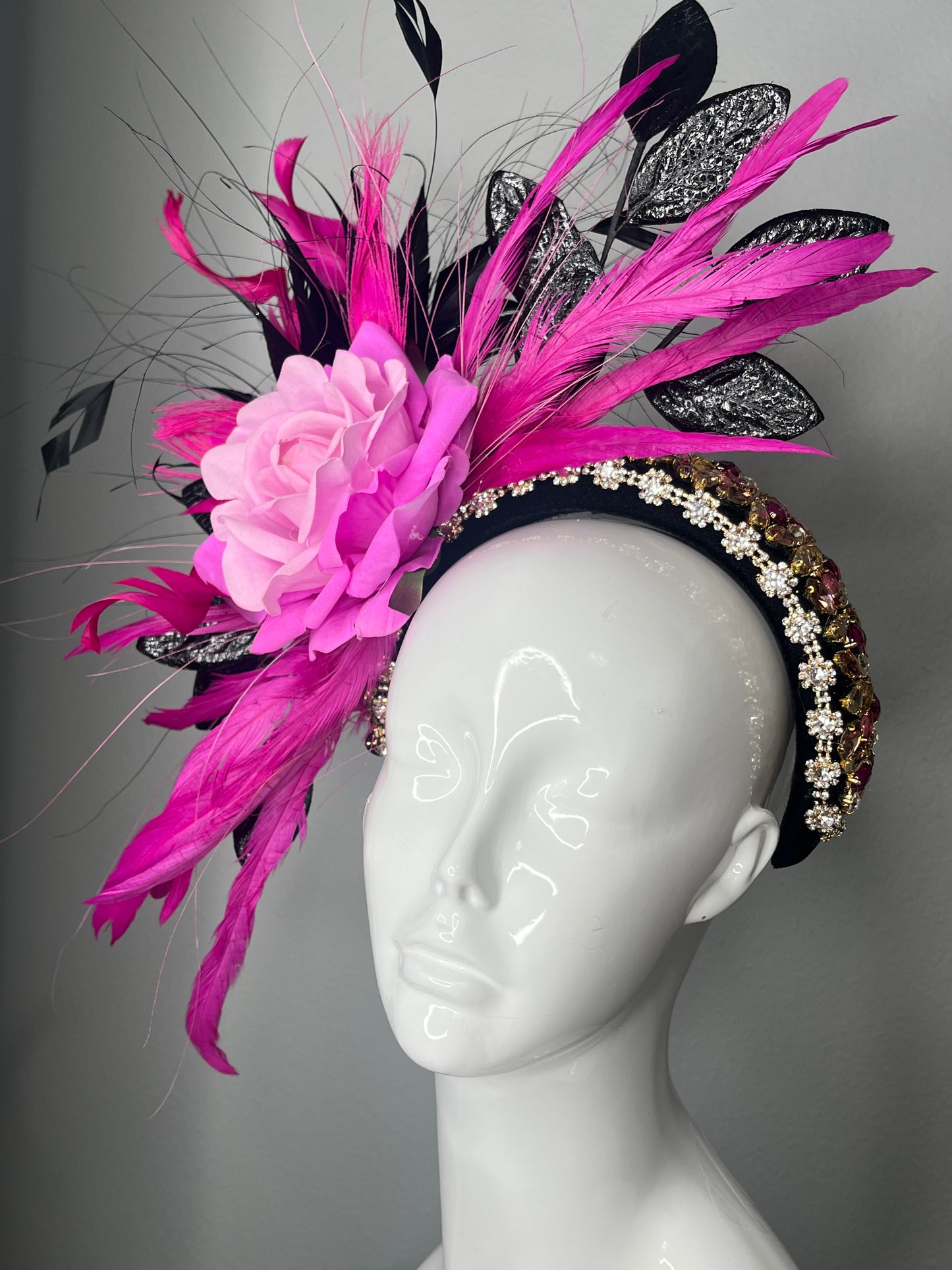 Hot Pink & Black Feather Fascinator with Rose Detail | Couture Kentucky Derby Headpiece | Statement Race Day Headband