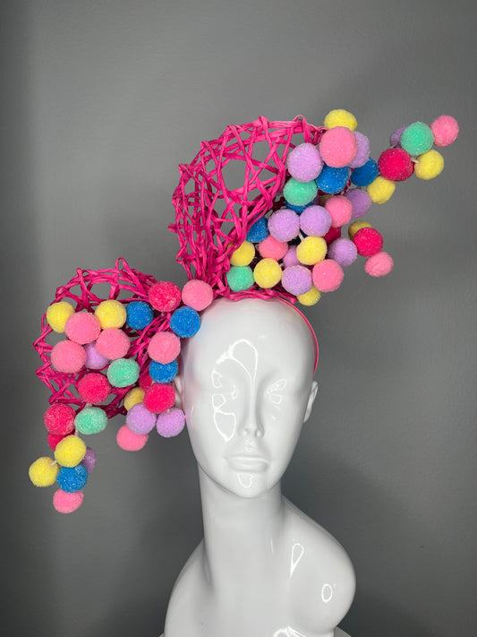 Hot Pink Sculptural Fascinator with Pastel Pom-Pom Details | Playful Couture Derby Headpiece | Statement Race Day Hat