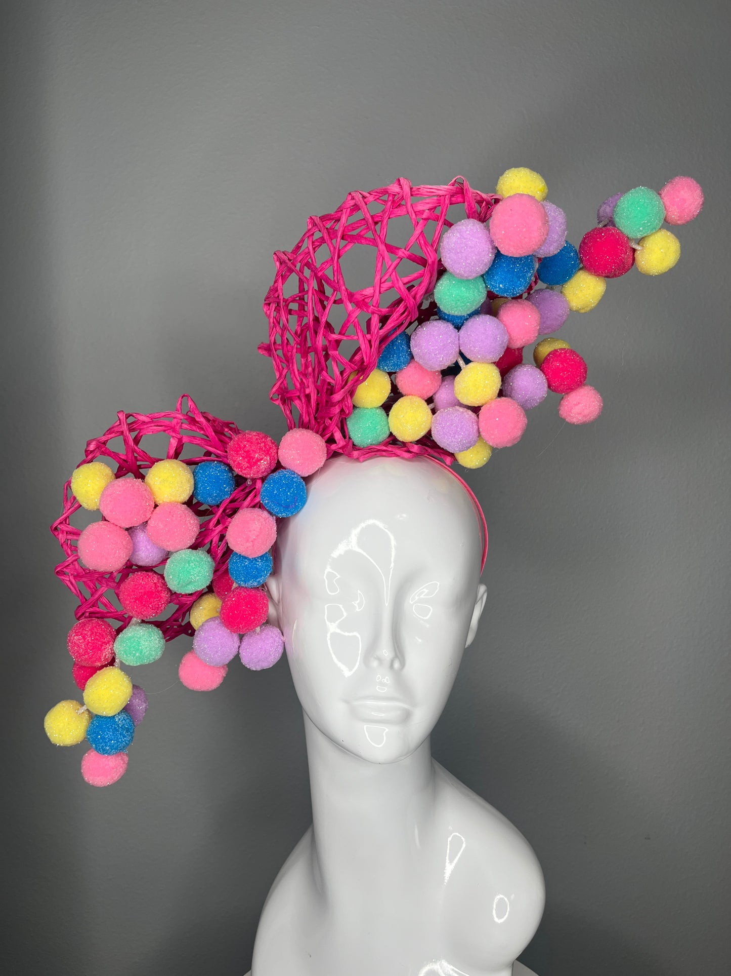 Hot Pink Sculptural Fascinator with Pastel Pom-Pom Details | Playful Couture Derby Headpiece | Statement Race Day Hat