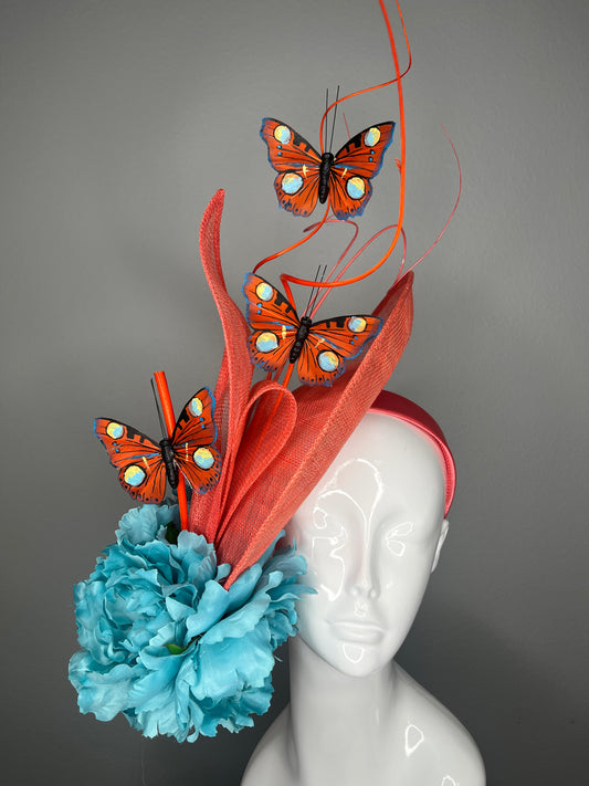 Coral & Turquoise Butterfly Fascinator | Sculptural Couture Kentucky Derby Headpiece | Statement Race Day Hat