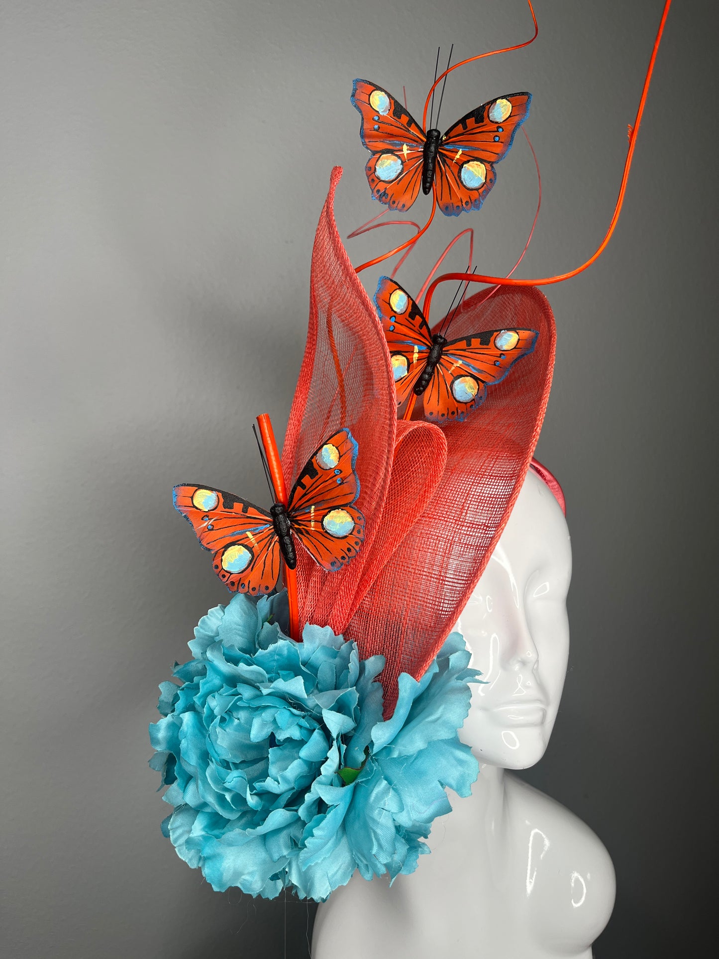 Coral & Turquoise Butterfly Fascinator | Sculptural Couture Kentucky Derby Headpiece | Statement Race Day Hat