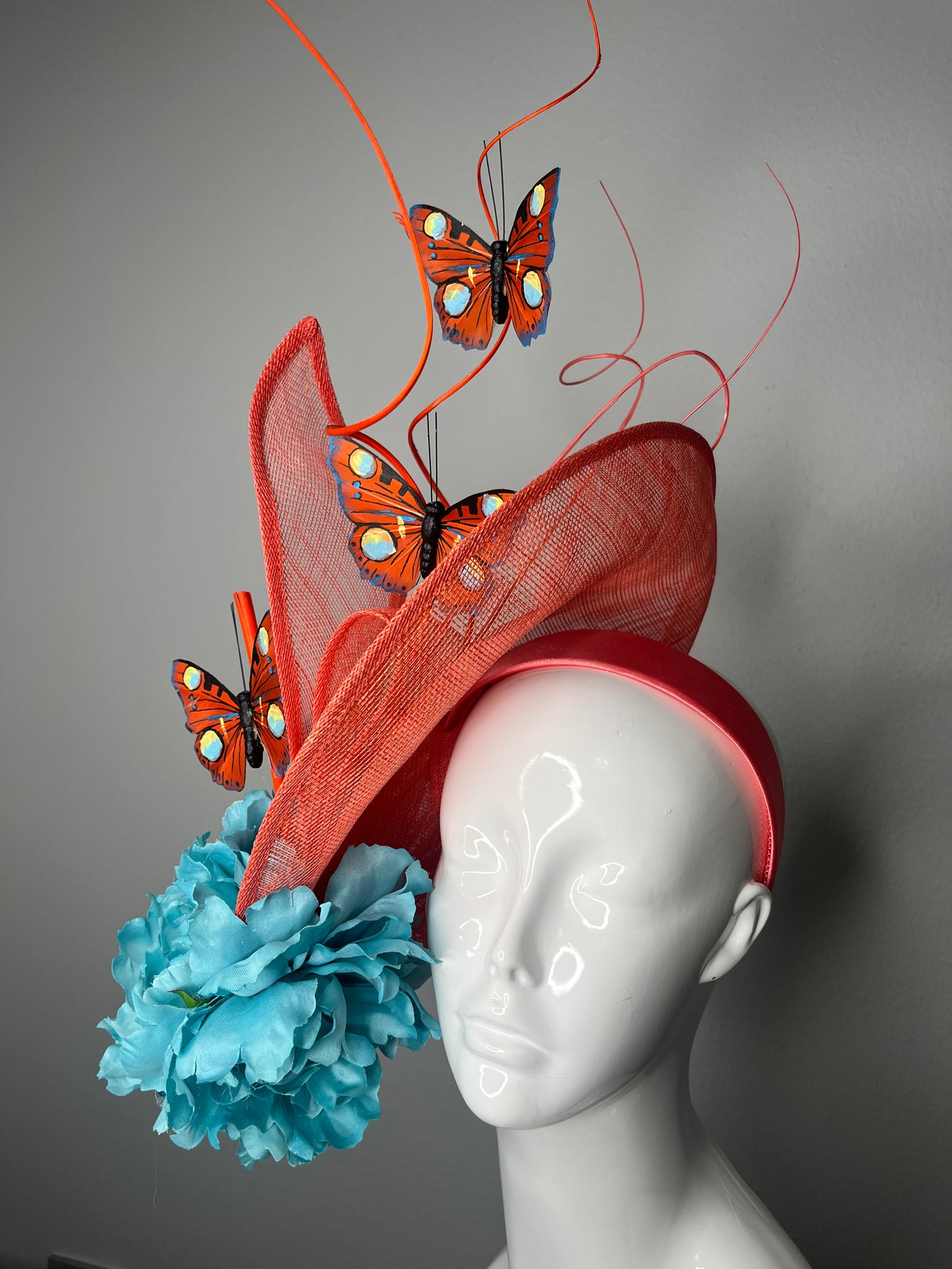 Coral & Turquoise Butterfly Fascinator | Sculptural Couture Kentucky Derby Headpiece | Statement Race Day Hat