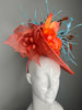Handcrafted Orange Sinamay  and Turquoise Fascinator Feather Hat