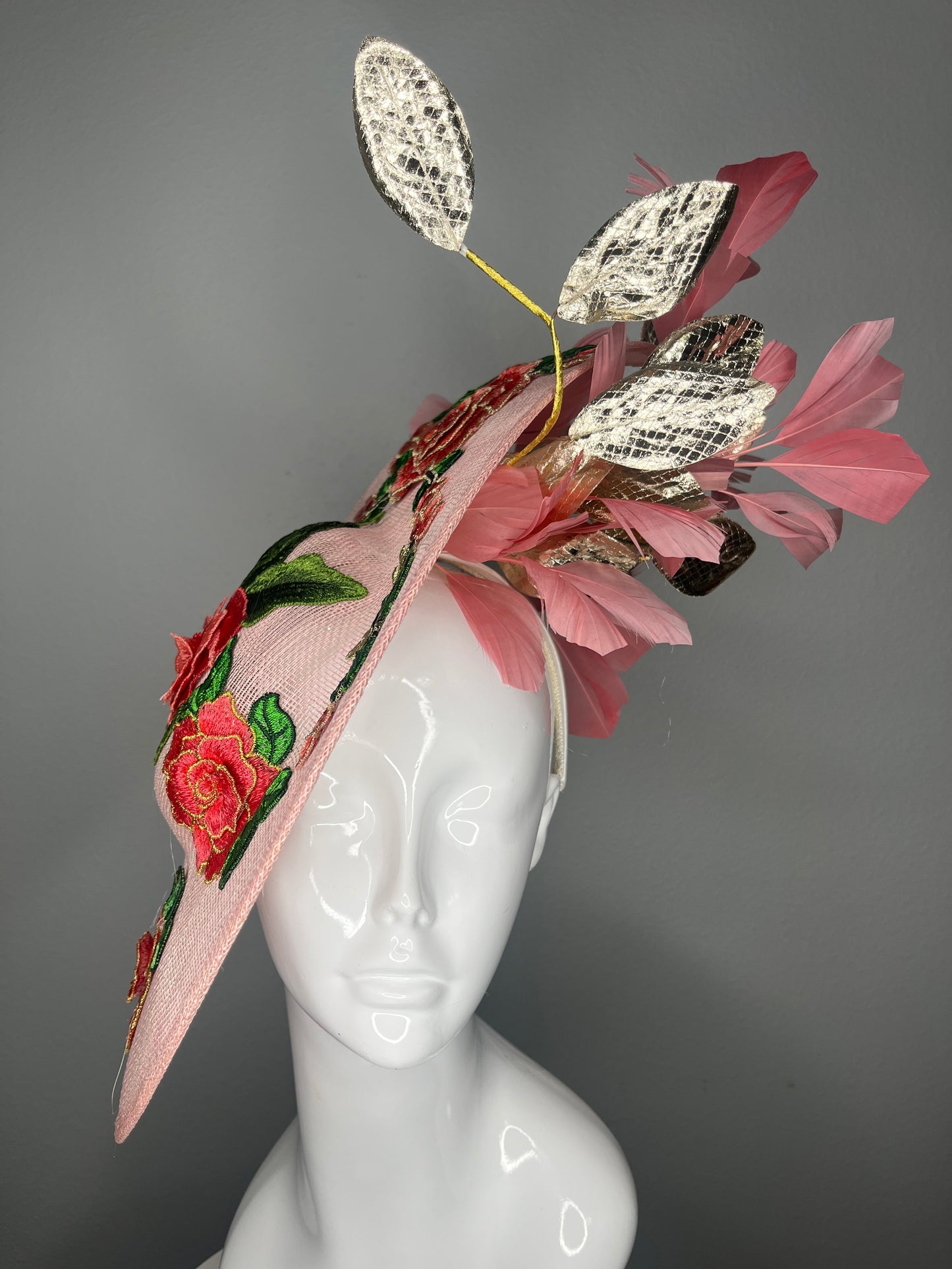 Blush Pink Embroidered Floral Fascinator with Gold Leather Leaves & Feather Spray – Kentucky Derby Headpiece