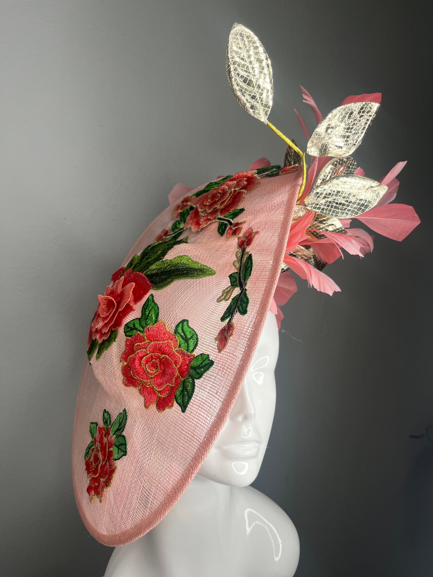 Blush Pink Embroidered Floral Fascinator with Gold Leather Leaves & Feather Spray – Kentucky Derby Headpiece