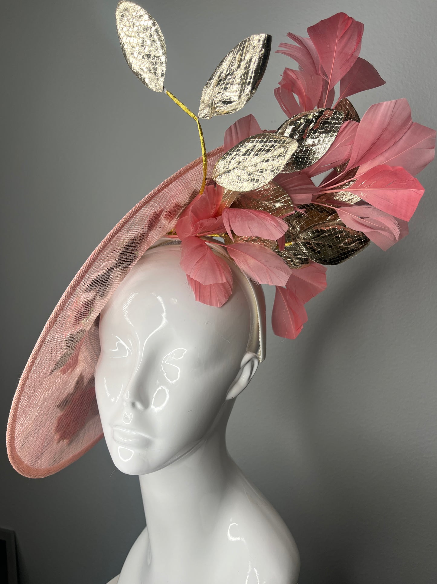 Blush Pink Embroidered Floral Fascinator with Gold Leather Leaves & Feather Spray – Kentucky Derby Headpiece