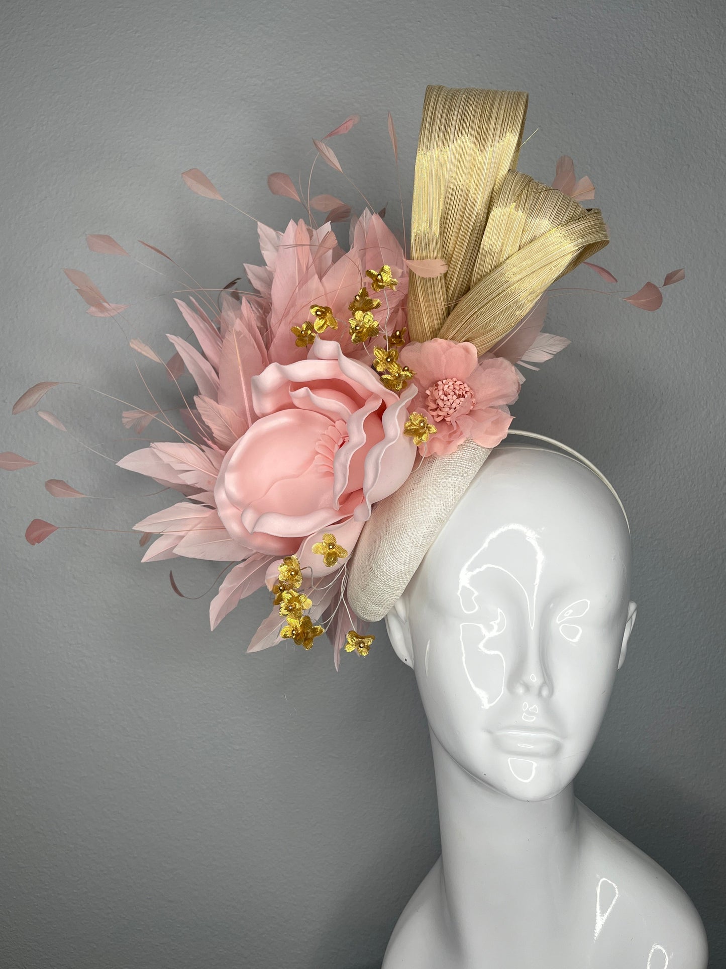 Blush & Gold Couture Fascinator with Sculpted Floral and Feather Detail