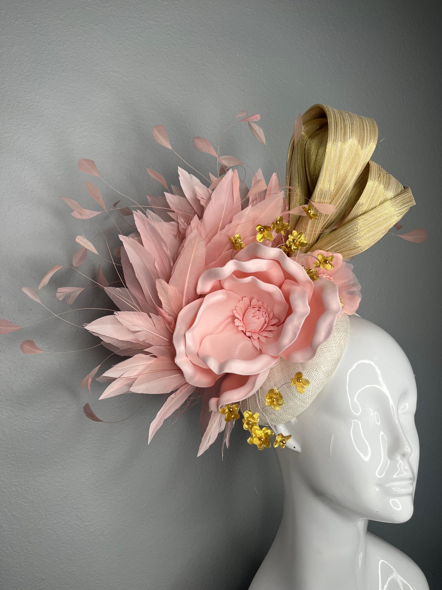 Blush & Gold Couture Fascinator with Sculpted Floral and Feather Detail