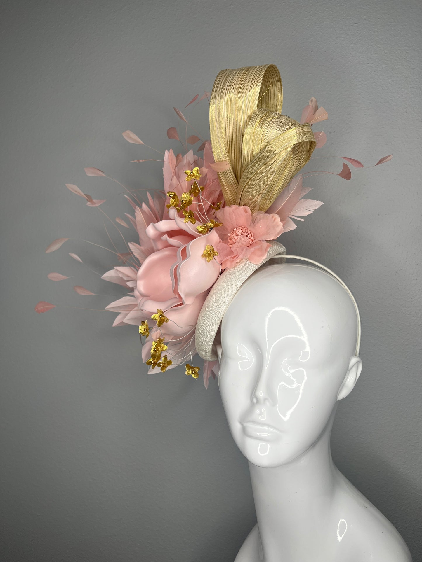 Blush & Gold Couture Fascinator with Sculpted Floral and Feather Detail