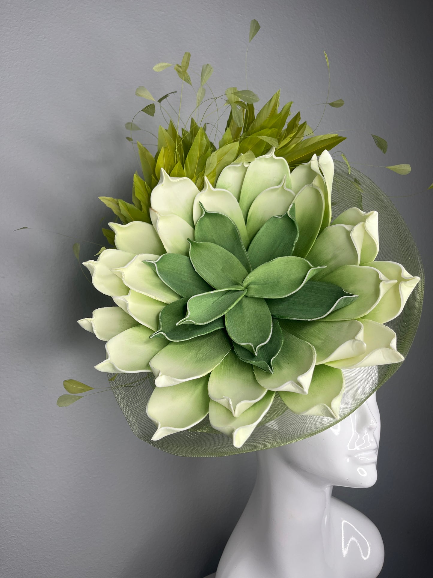 Sculptural Green & Ivory Floral Fascinator with Modern Leaf Detail