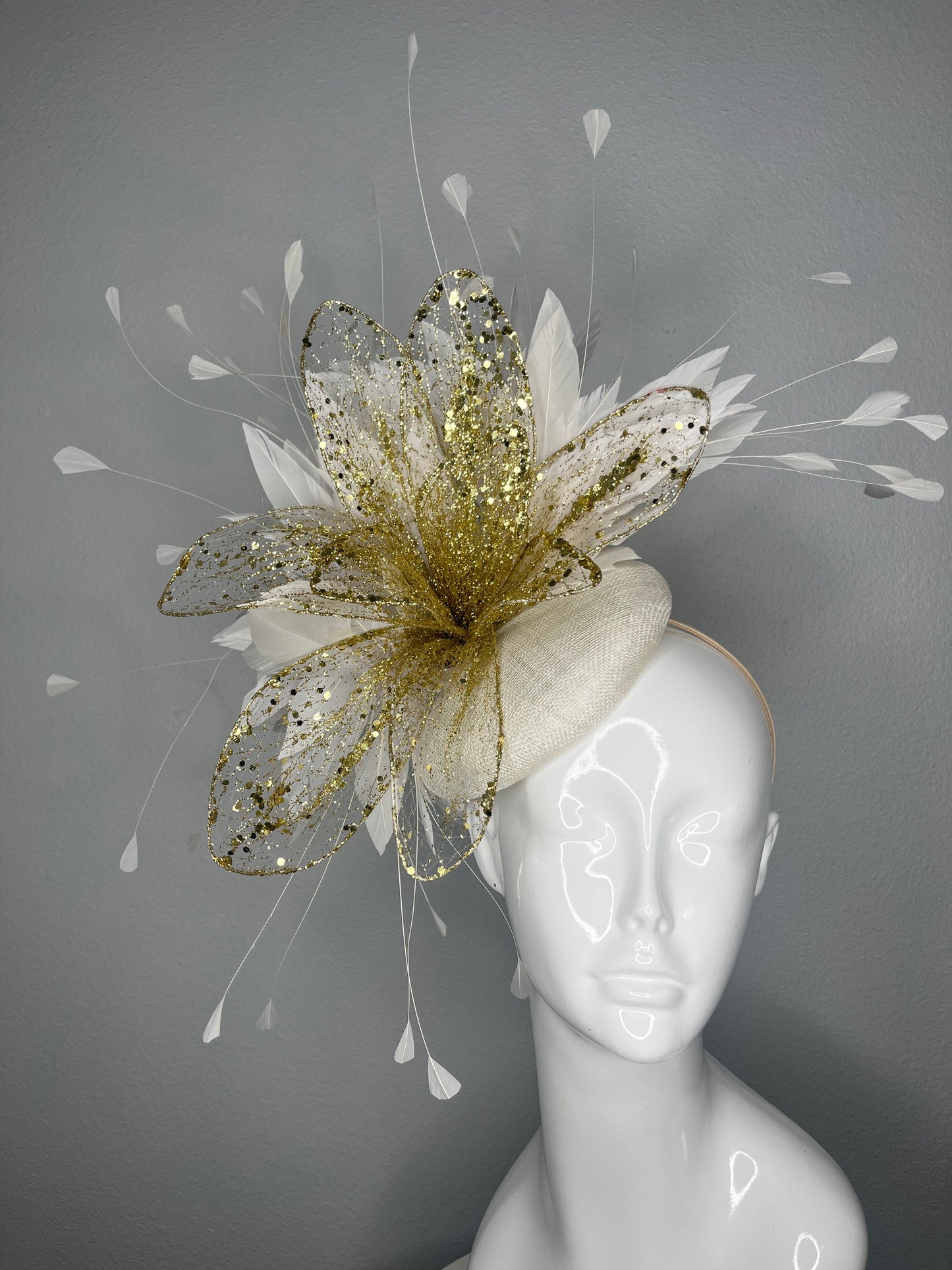 Ivory and Gold Couture Fascinator with Glittered Floral and Feather Spray