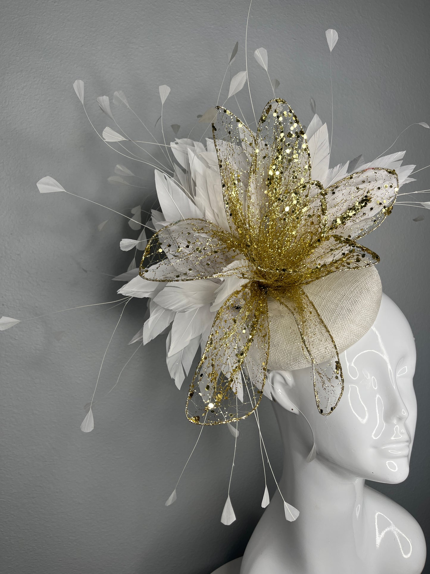 Ivory and Gold Couture Fascinator with Glittered Floral and Feather Spray