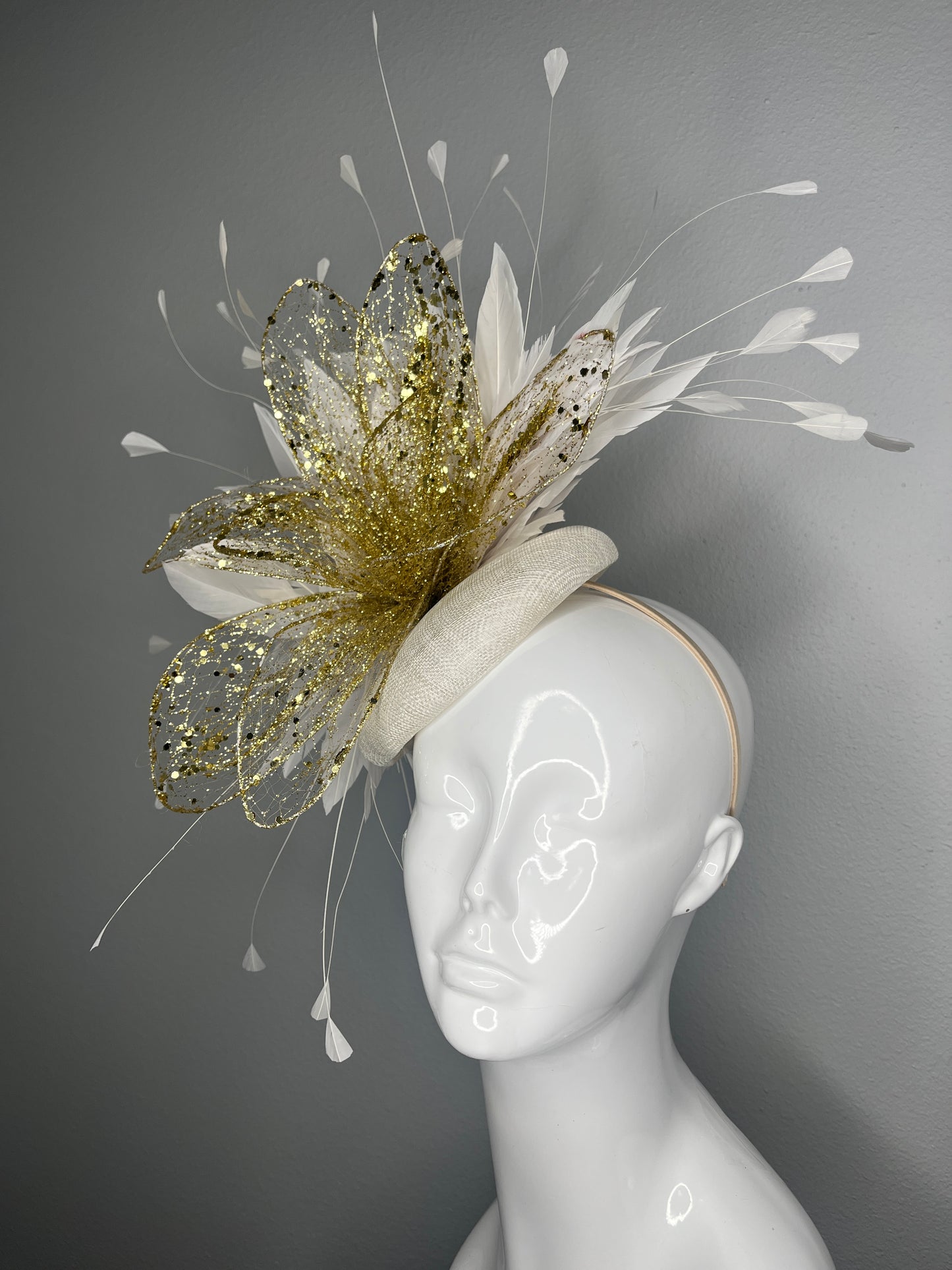 Ivory and Gold Couture Fascinator with Glittered Floral and Feather Spray