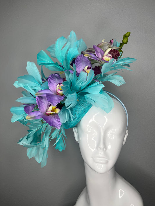 Turquoise & Purple Orchid Couture Fascinator with Feathered Floral Detail