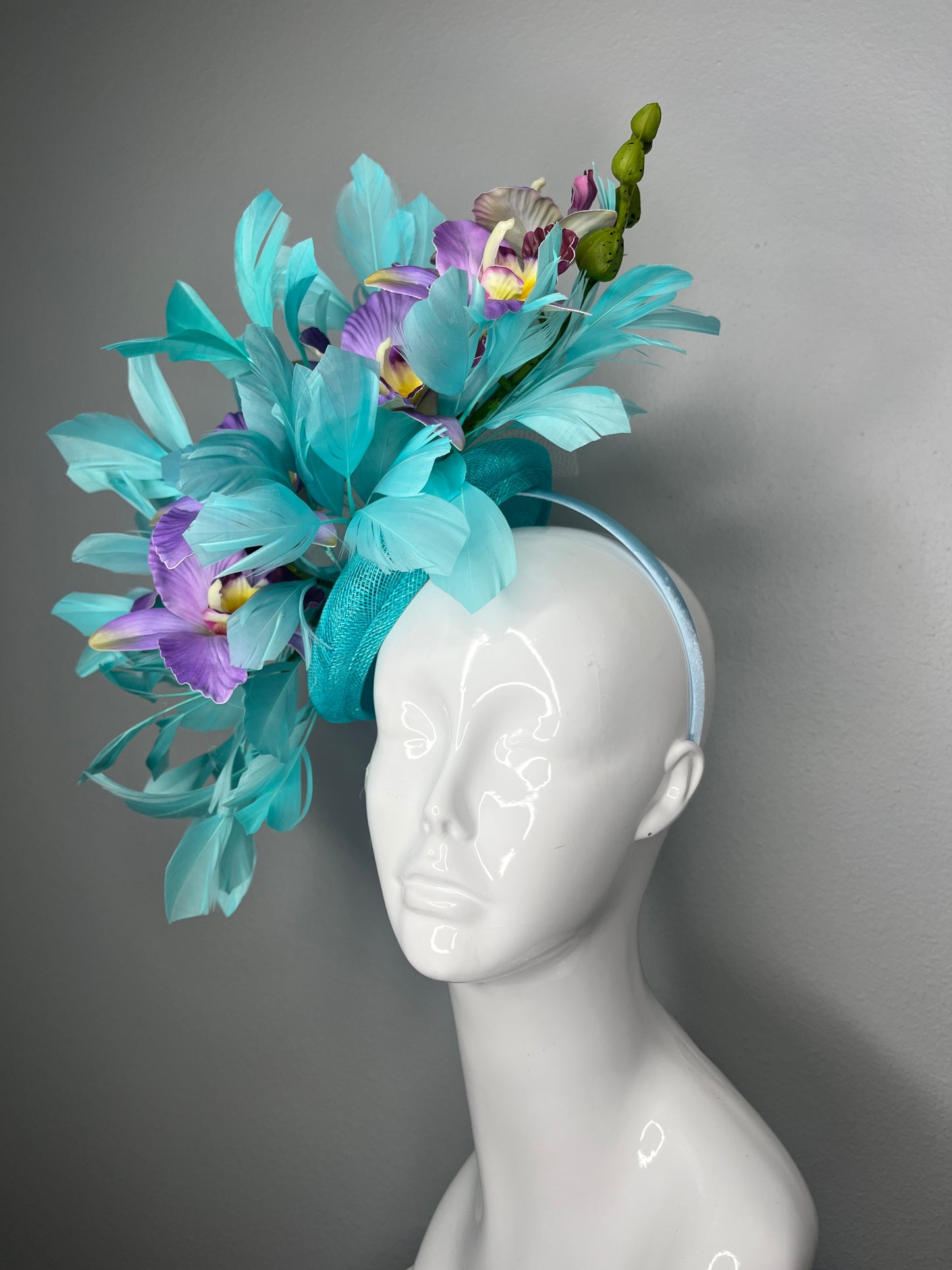 Turquoise & Purple Orchid Couture Fascinator with Feathered Floral Detail