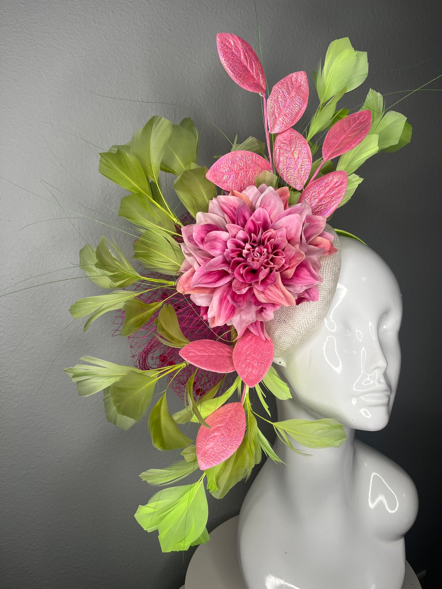 Pink Dahlia & Lime Feather Fascinator | Kentucky Derby Headpiece | Statement Floral Hat | Spring Racing Headwear