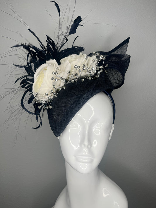 Navy & Ivory Floral Fascinator with Feathers | Elegant Derby Hat Wedding Headpiece Couture Statement Headwear