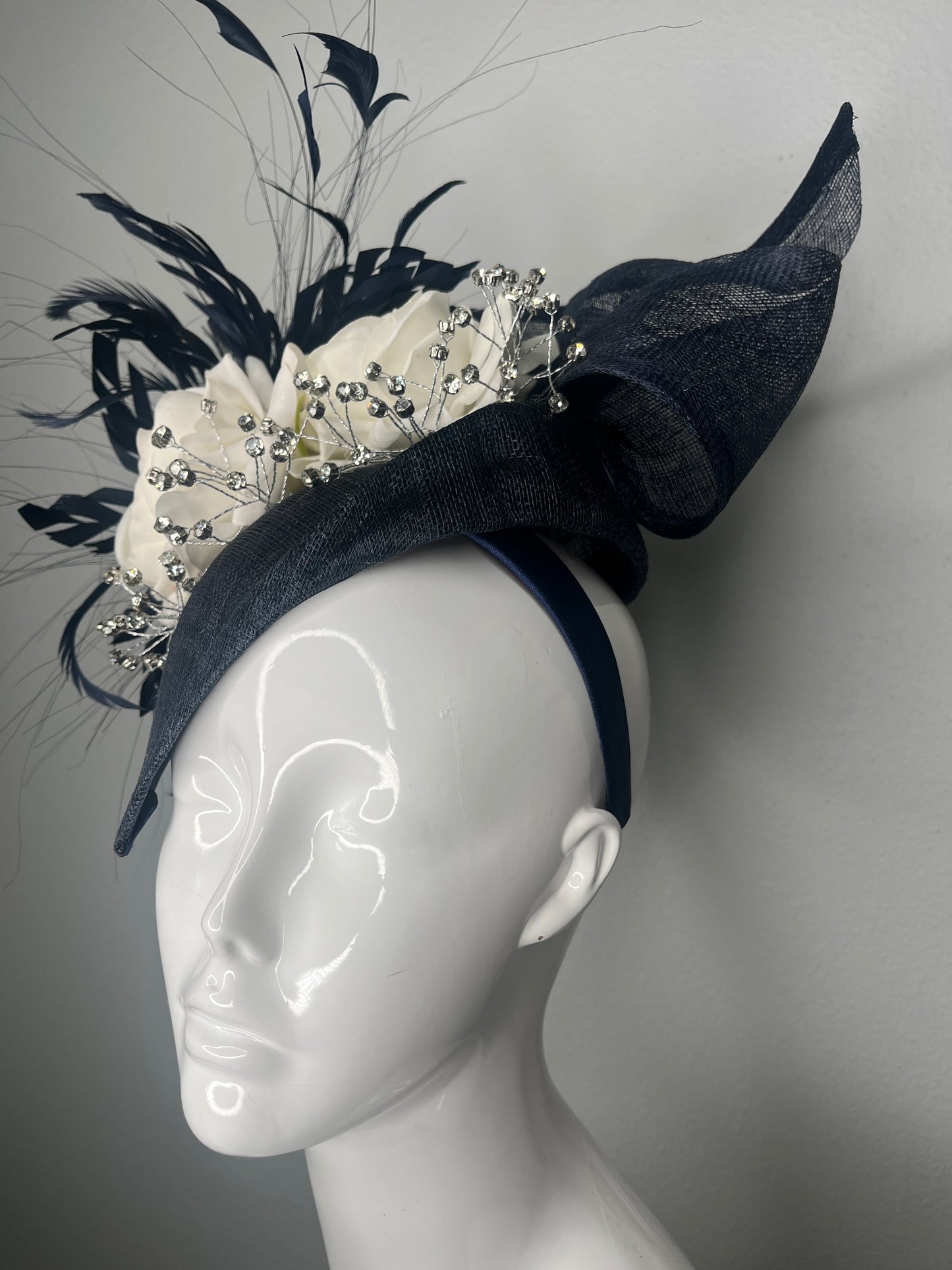 Navy & Ivory Floral Fascinator with Feathers | Elegant Derby Hat Wedding Headpiece Couture Statement Headwear