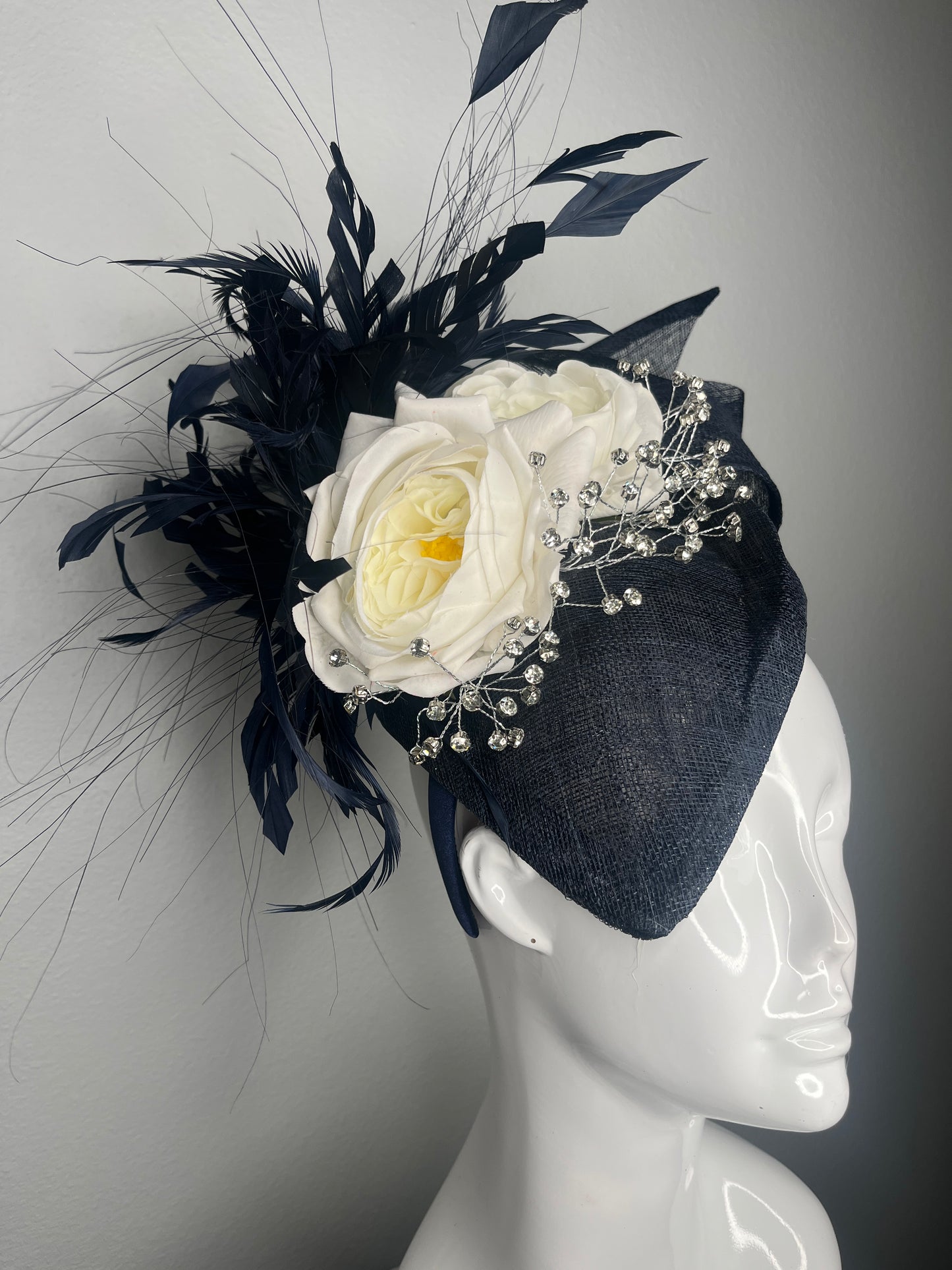 Navy & Ivory Floral Fascinator with Feathers | Elegant Derby Hat Wedding Headpiece Couture Statement Headwear