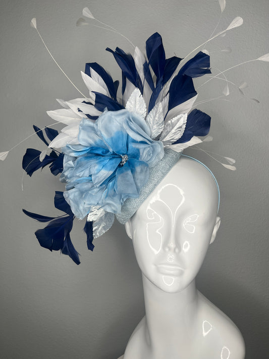 Light Blue & Navy Floral Fascinator with Feathers | Elegant Derby Hat, Couture Statement Headpiece