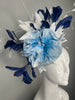 Light Blue & Navy Floral Fascinator with Feathers | Elegant Derby Hat, Couture Statement Headpiece