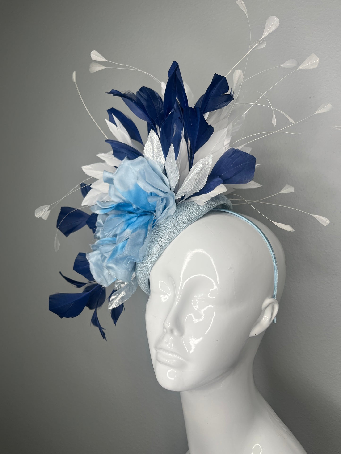 Light Blue & Navy Floral Fascinator with Feathers | Elegant Derby Hat, Couture Statement Headpiece