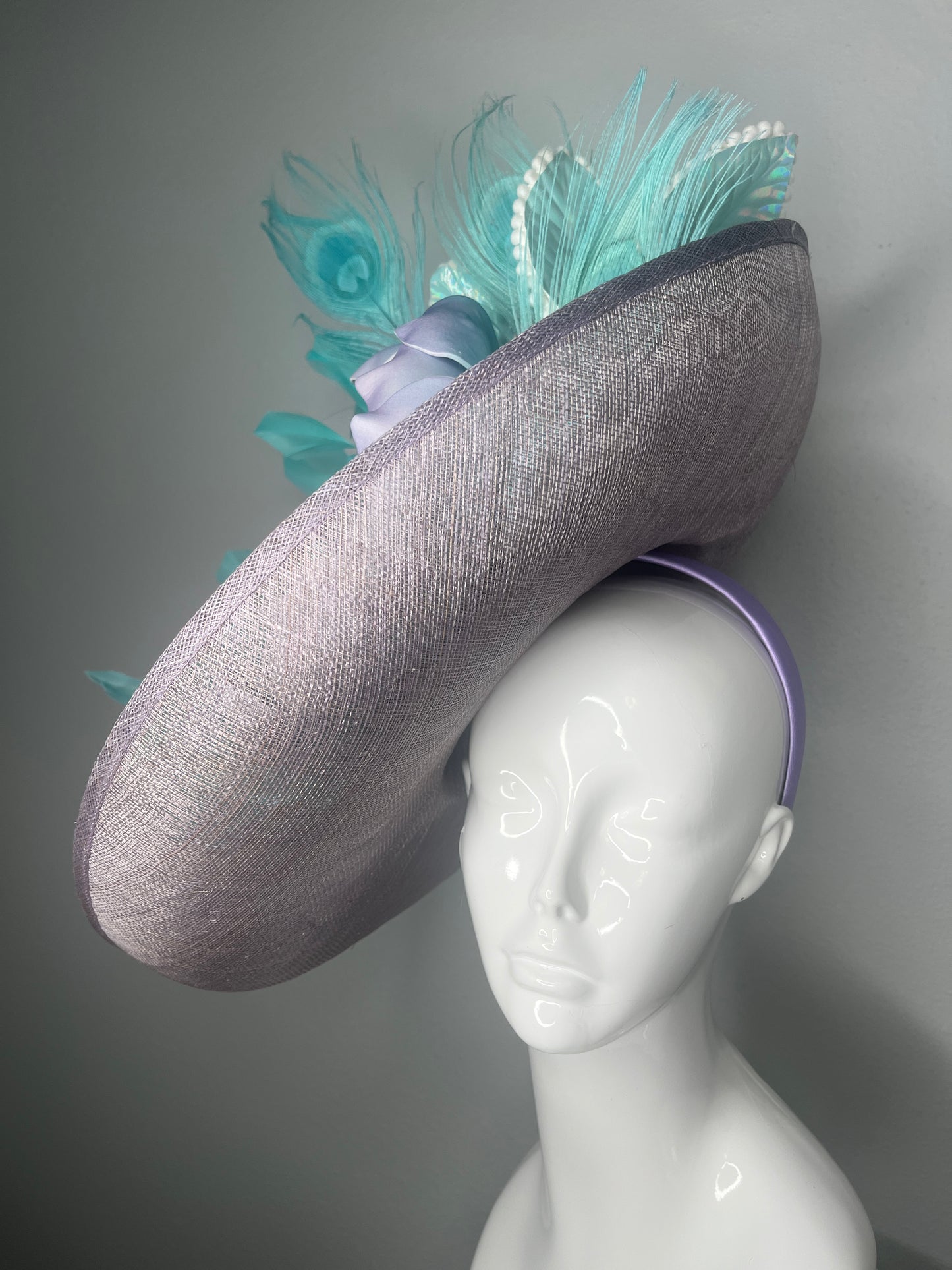 Lavender Purple  & Teal Kentucky Derby Fascinator with Peacock Feathers and Sculpted Flower