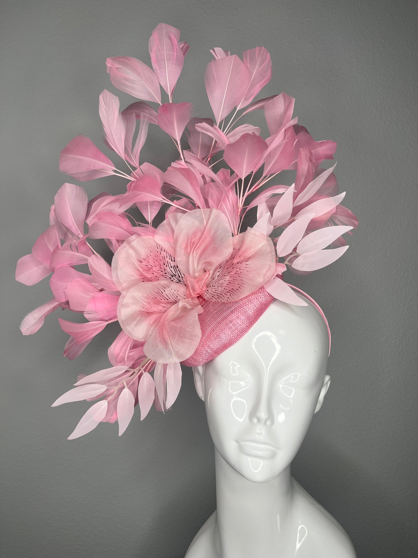 Pink Kentucky Derby Fascinator with Oversized Floral Accent and Feather Spray