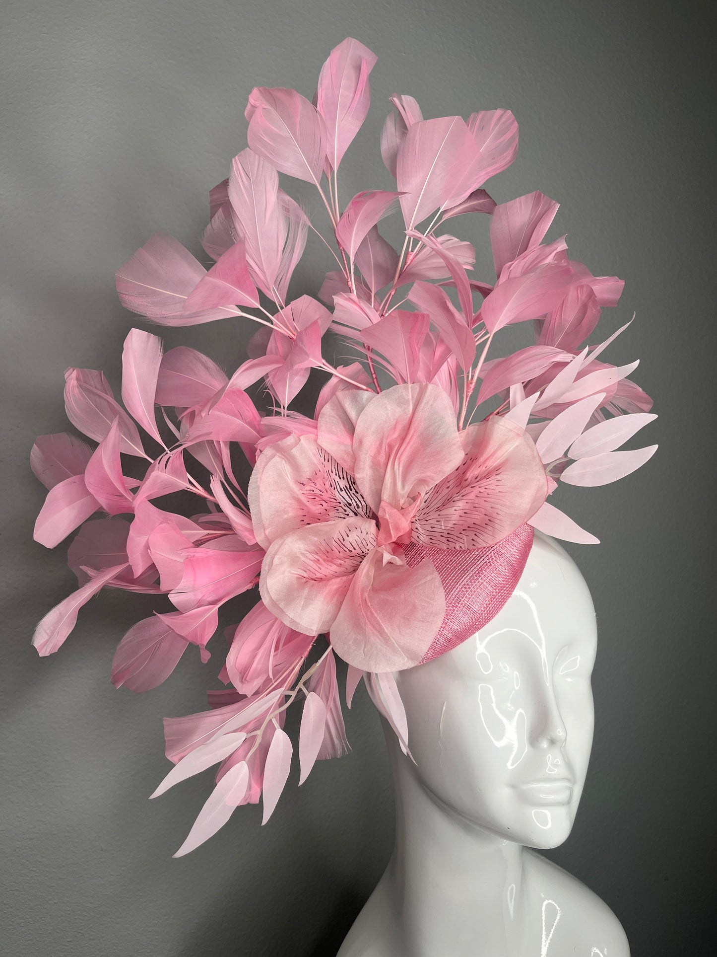Pink Kentucky Derby Fascinator with Oversized Floral Accent and Feather Spray