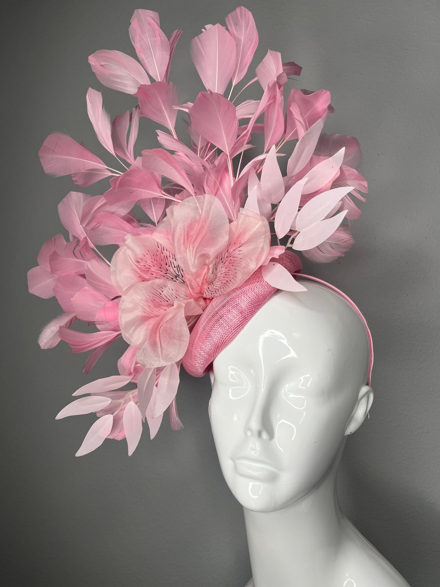 Pink Kentucky Derby Fascinator with Oversized Floral Accent and Feather Spray